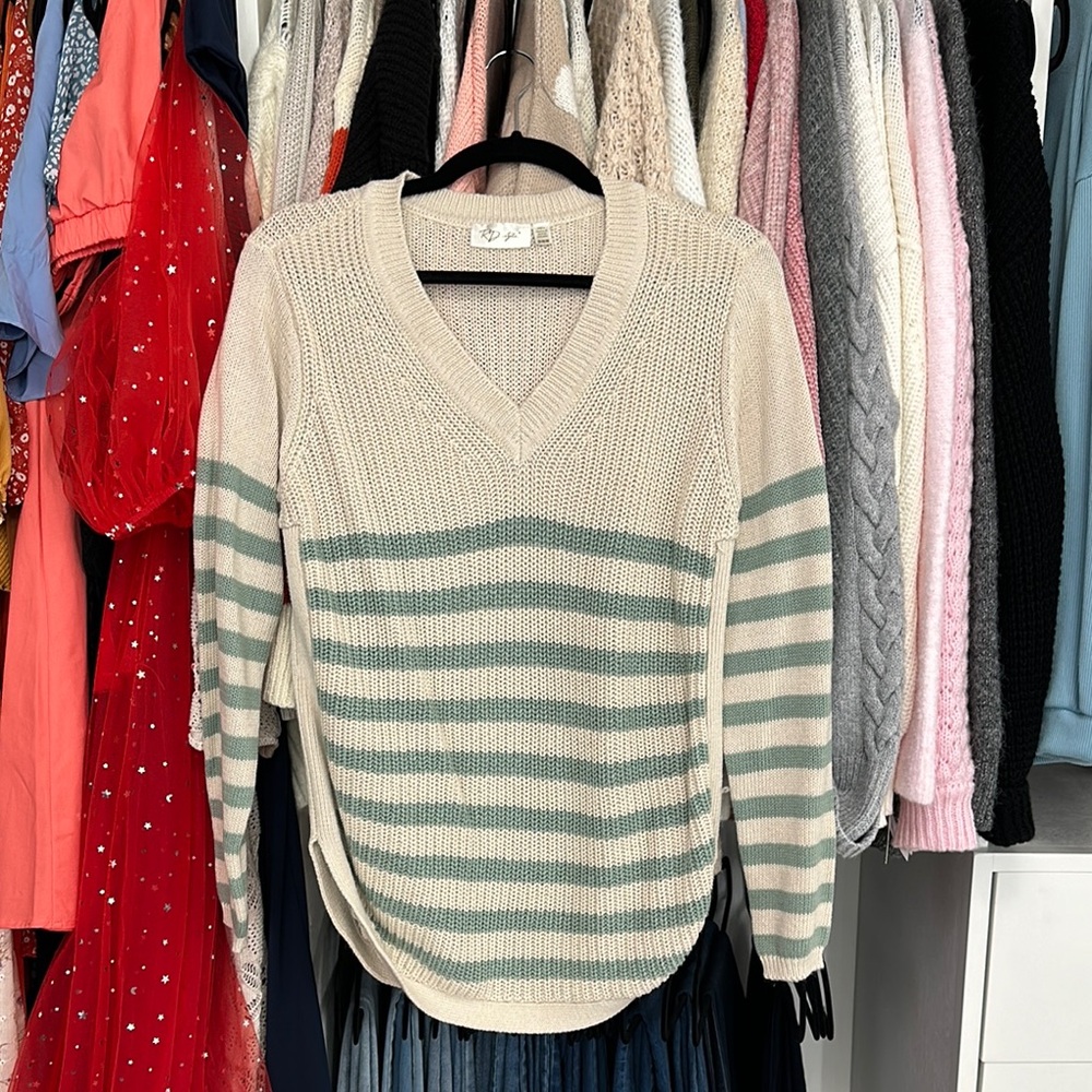 Striped V-Neck Sweater - Cream and Green
